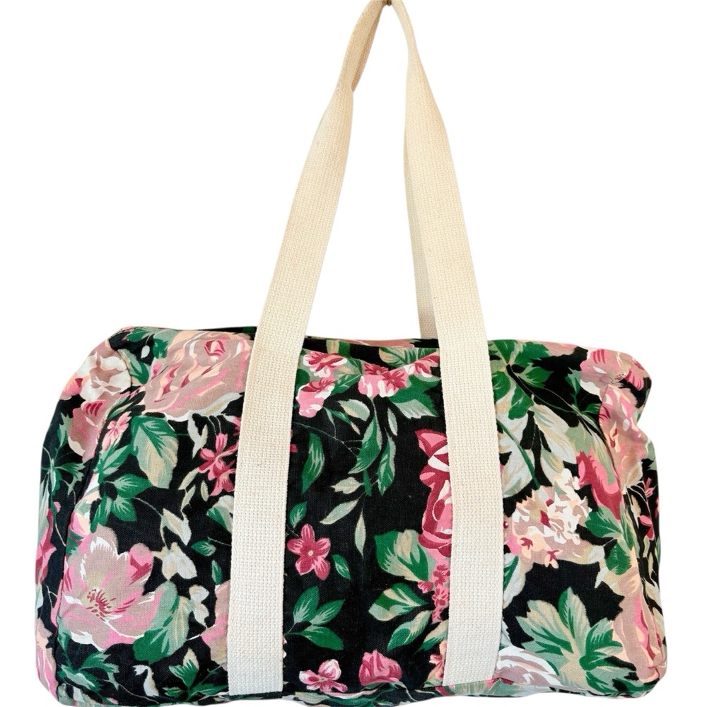 Vintage 80s Dark Floral Canvas Duffle Bag